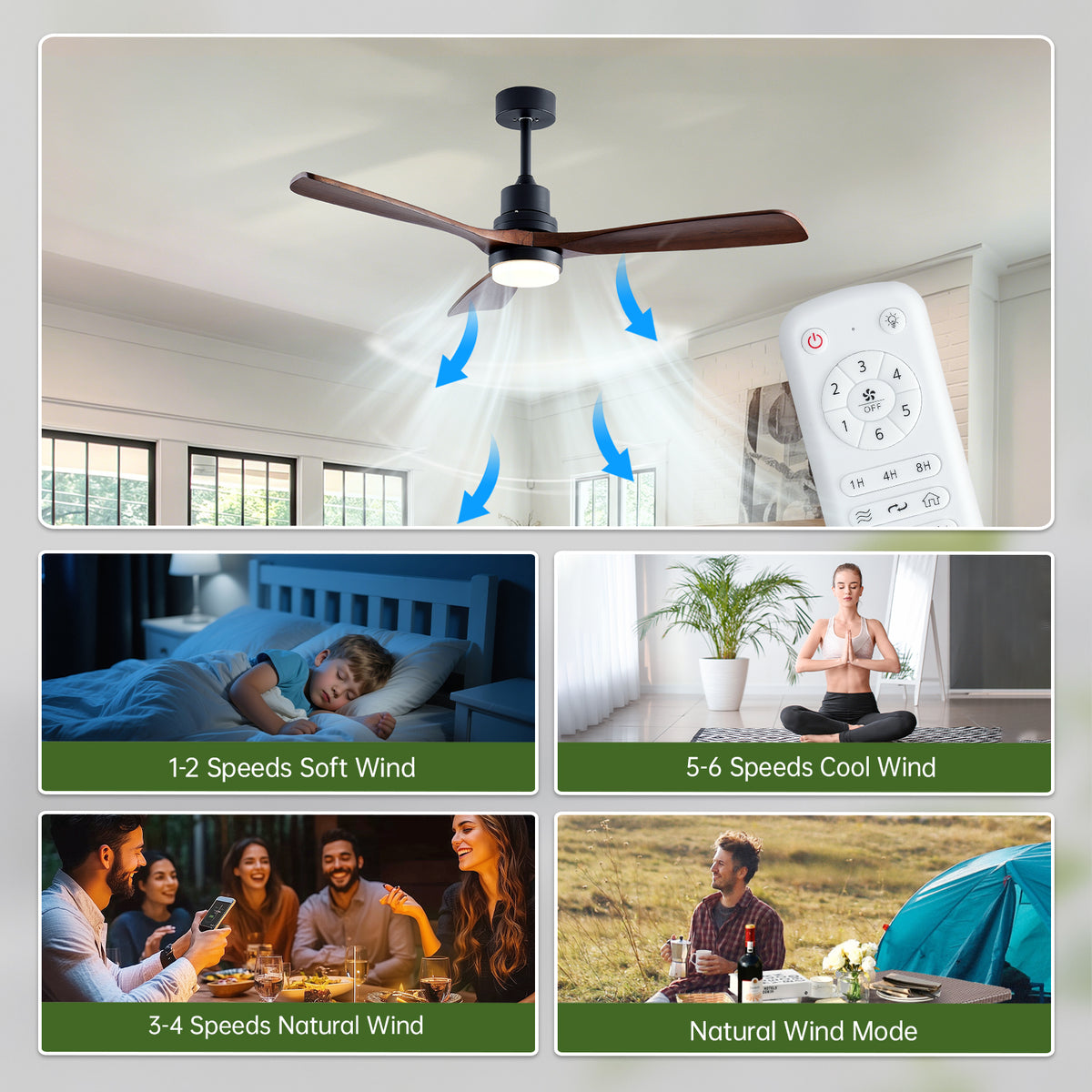 Veranda 52 inch Wood Blade Ceiling Fan with Light, Black and Walnut