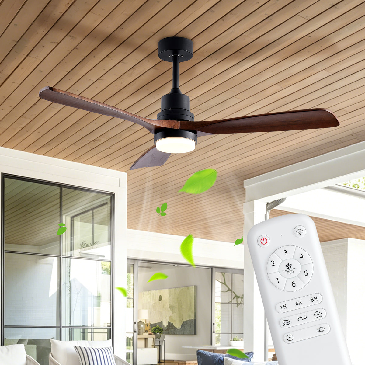 Veranda 52 inch Wood Blade Ceiling Fan with Light, Black and Walnut