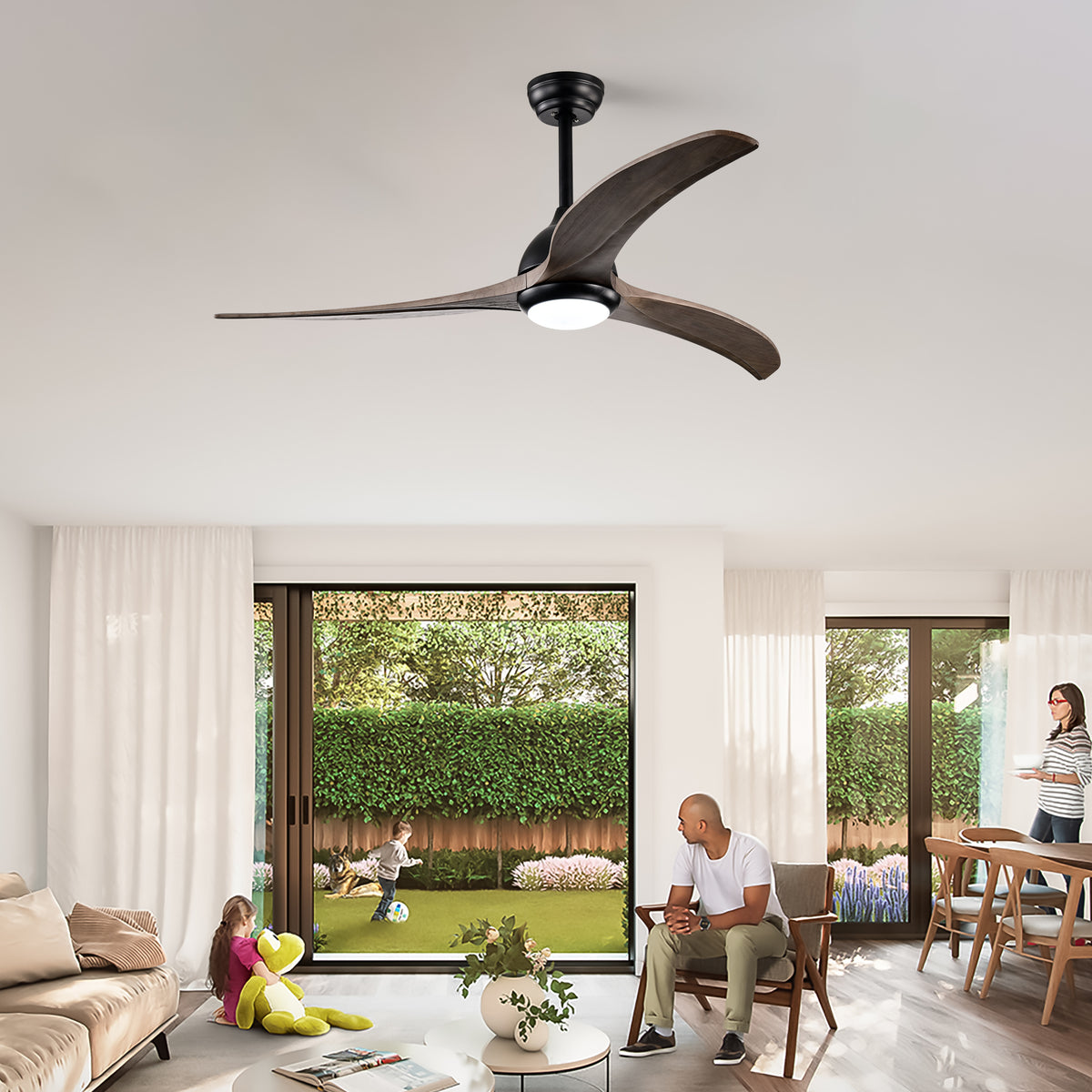 Meadow 52 inch Three Blade Wood Ceiling Fan with Light, Matte Black