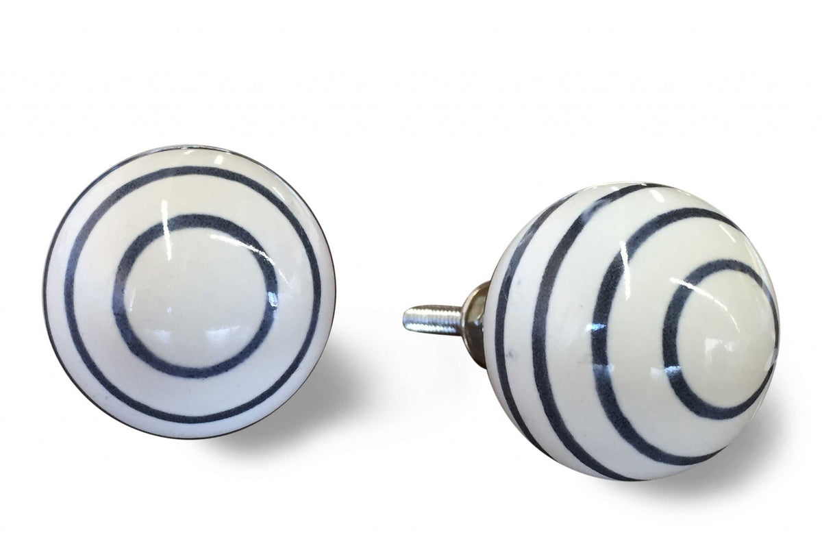 Banded Ceramic Cabinet Knobs, White & Black (Set of 12)