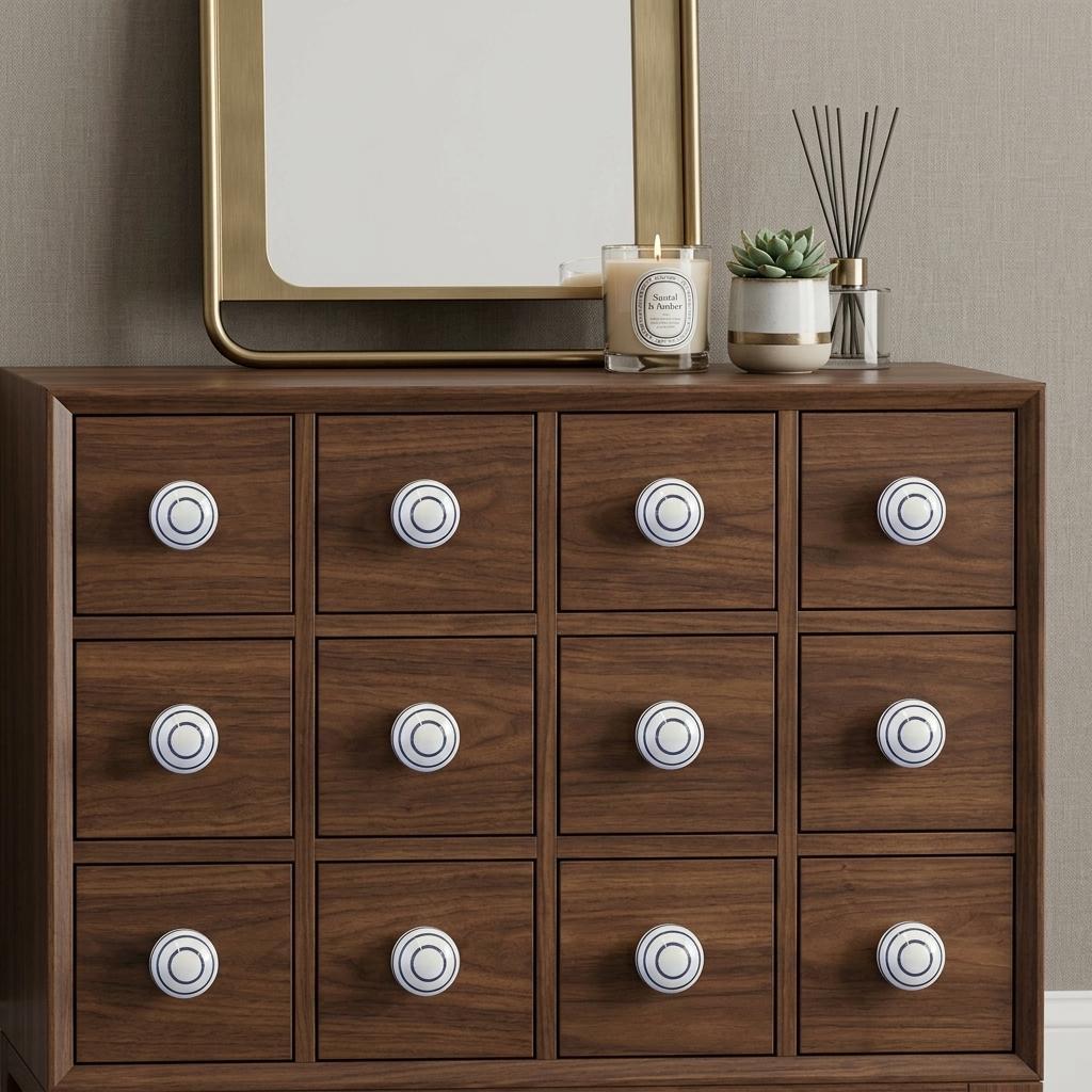 Banded Ceramic Cabinet Knobs, White & Black (Set of 12)