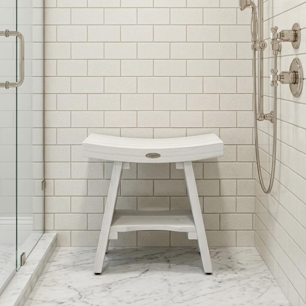 Curve Teak Shower Bench with Shelf, Driftwood
