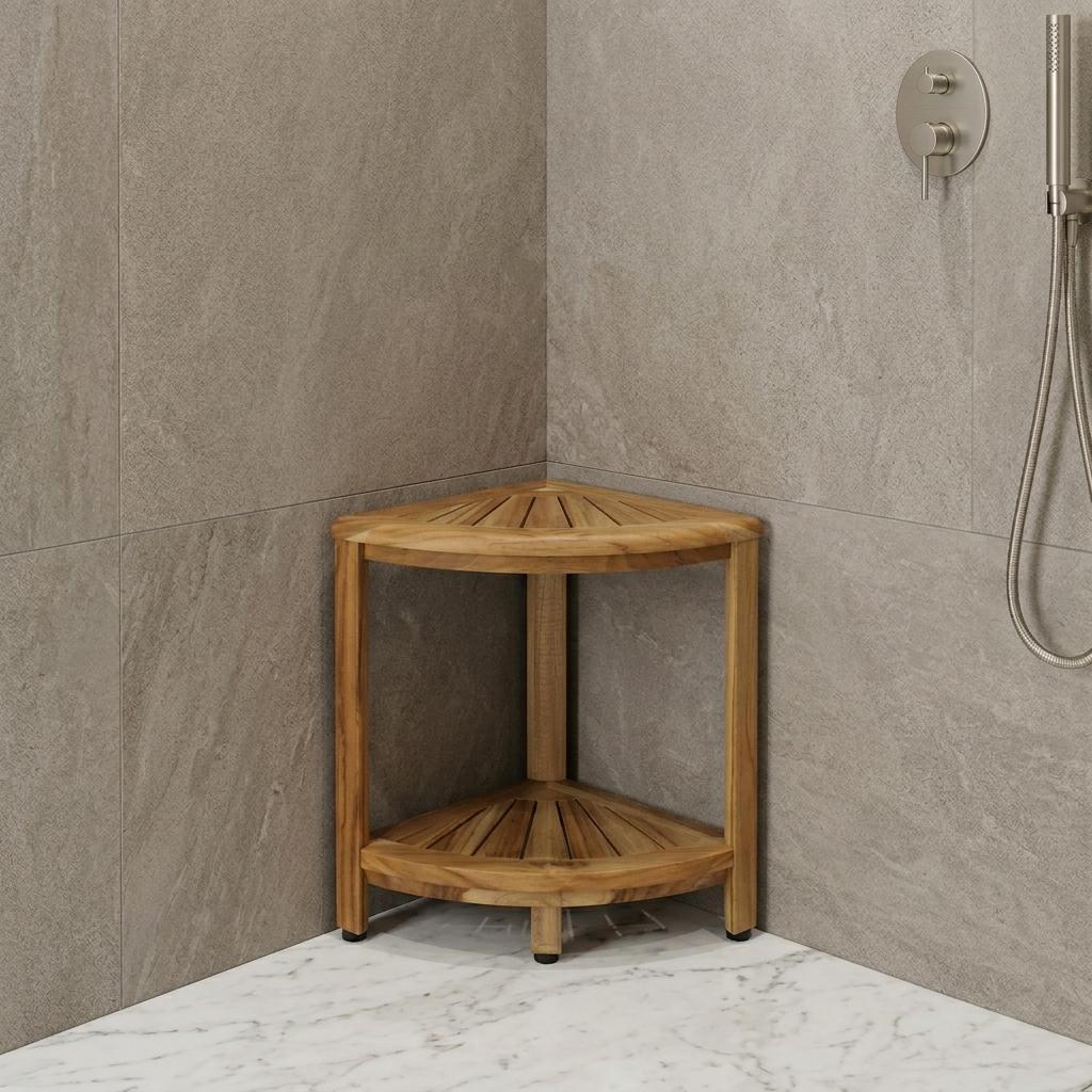 Corner Teak Shower Bench with Shelf