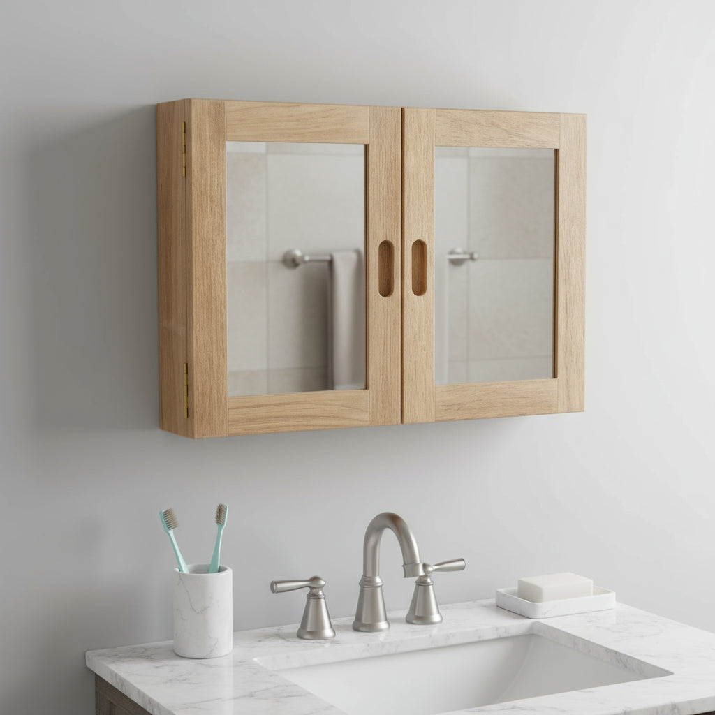 Teak Double-Door Mirrored Medicine Cabinet