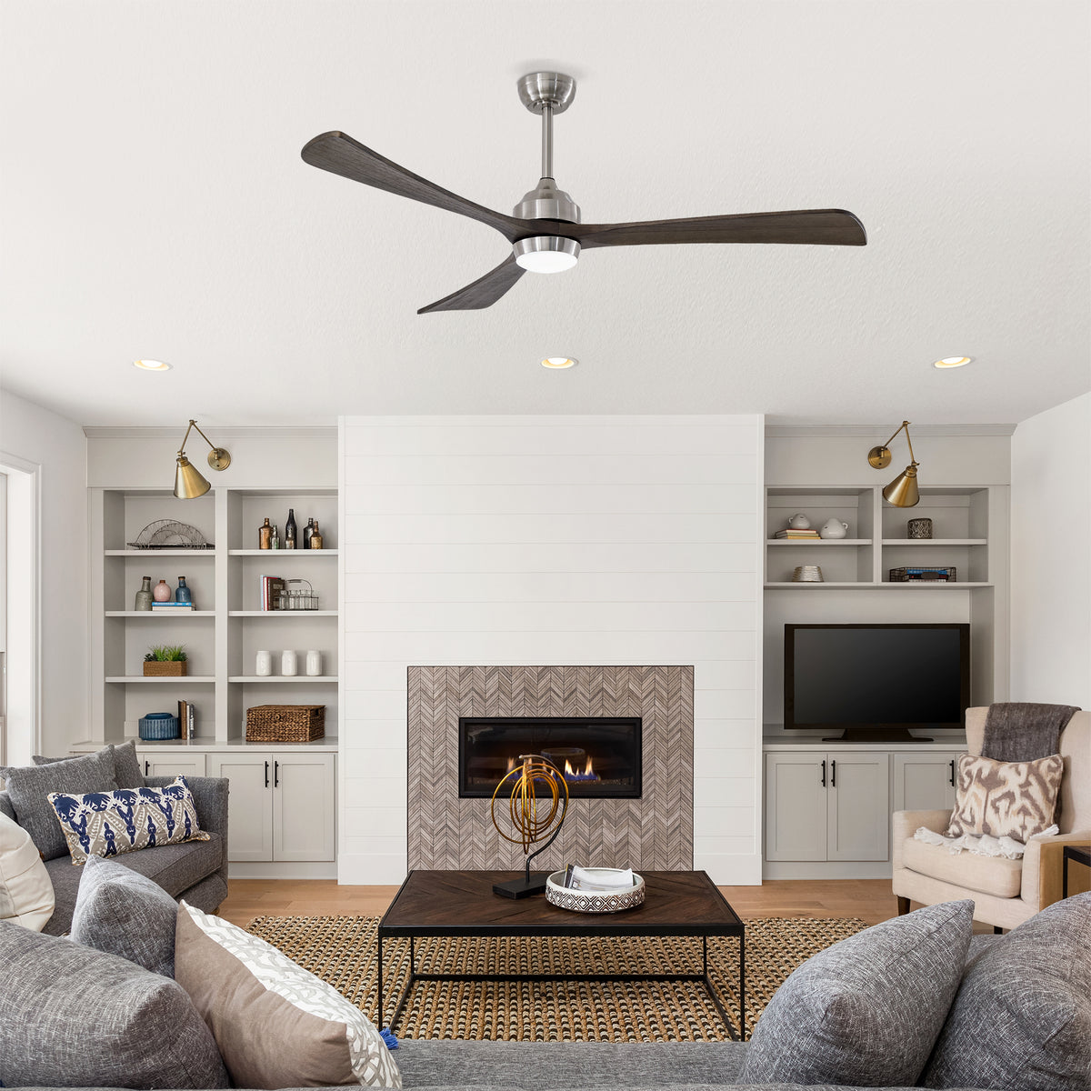 Sycamore 62 inch Three Blade Wood Ceiling Fan with Light, Satin Nickel