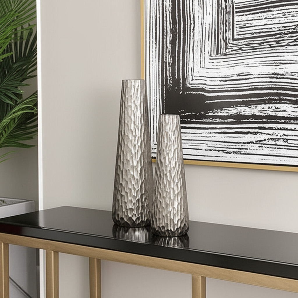 Textured Aluminum Vases, Set of 2, Silver
