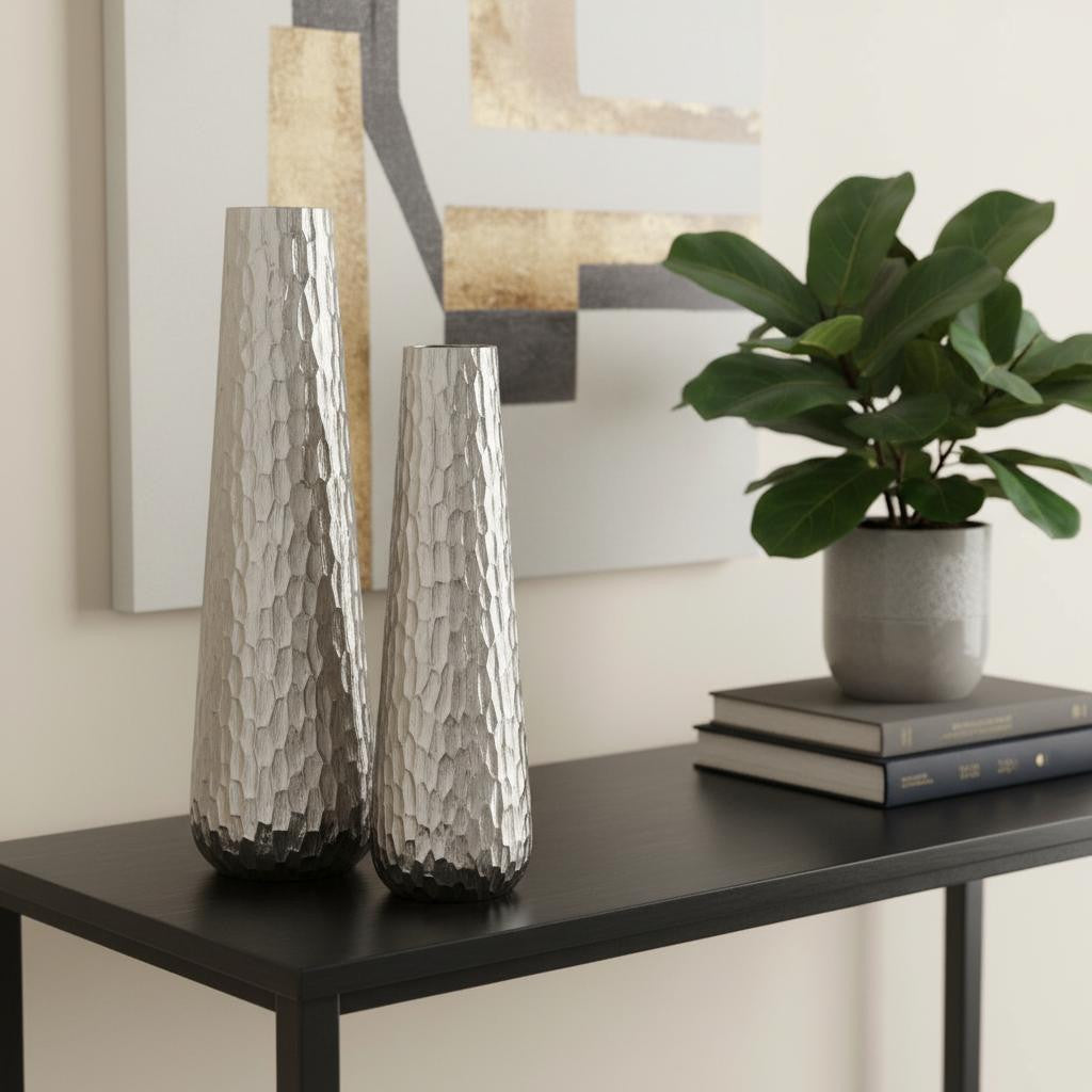 Textured Aluminum Vases, Set of 2, Silver