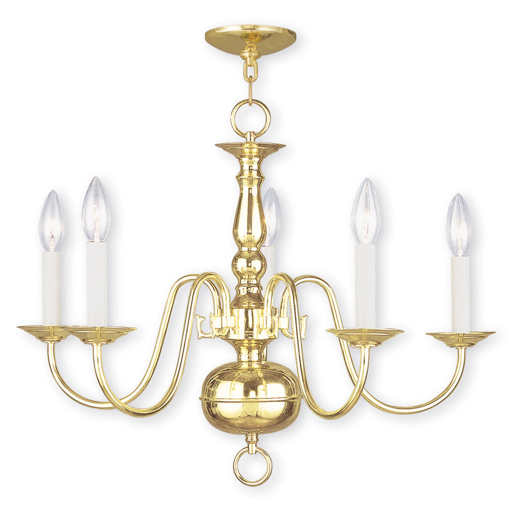 Colonial 5-Light Candle Chandelier, Polished Brass