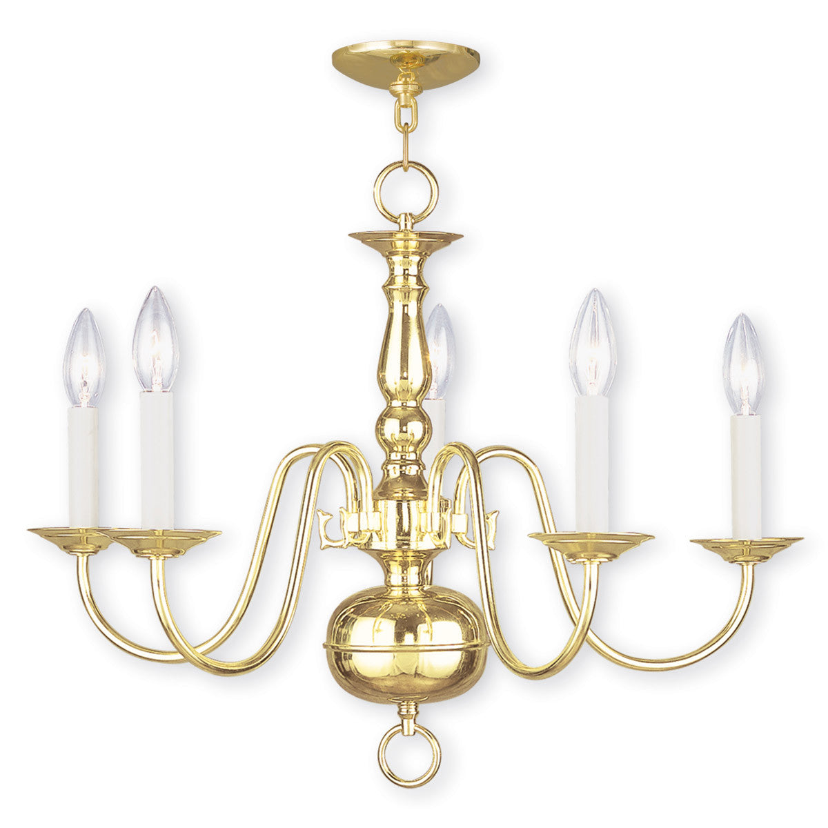 Colonial 5-Light Candle Chandelier, Polished Brass