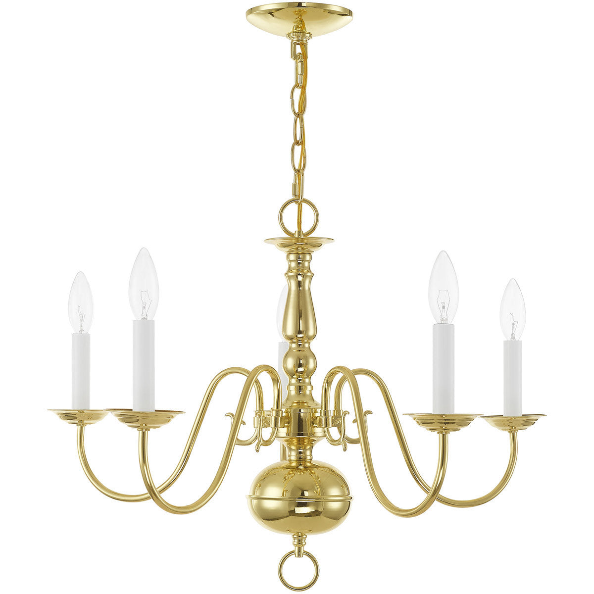 Colonial 5-Light Candle Chandelier, Polished Brass