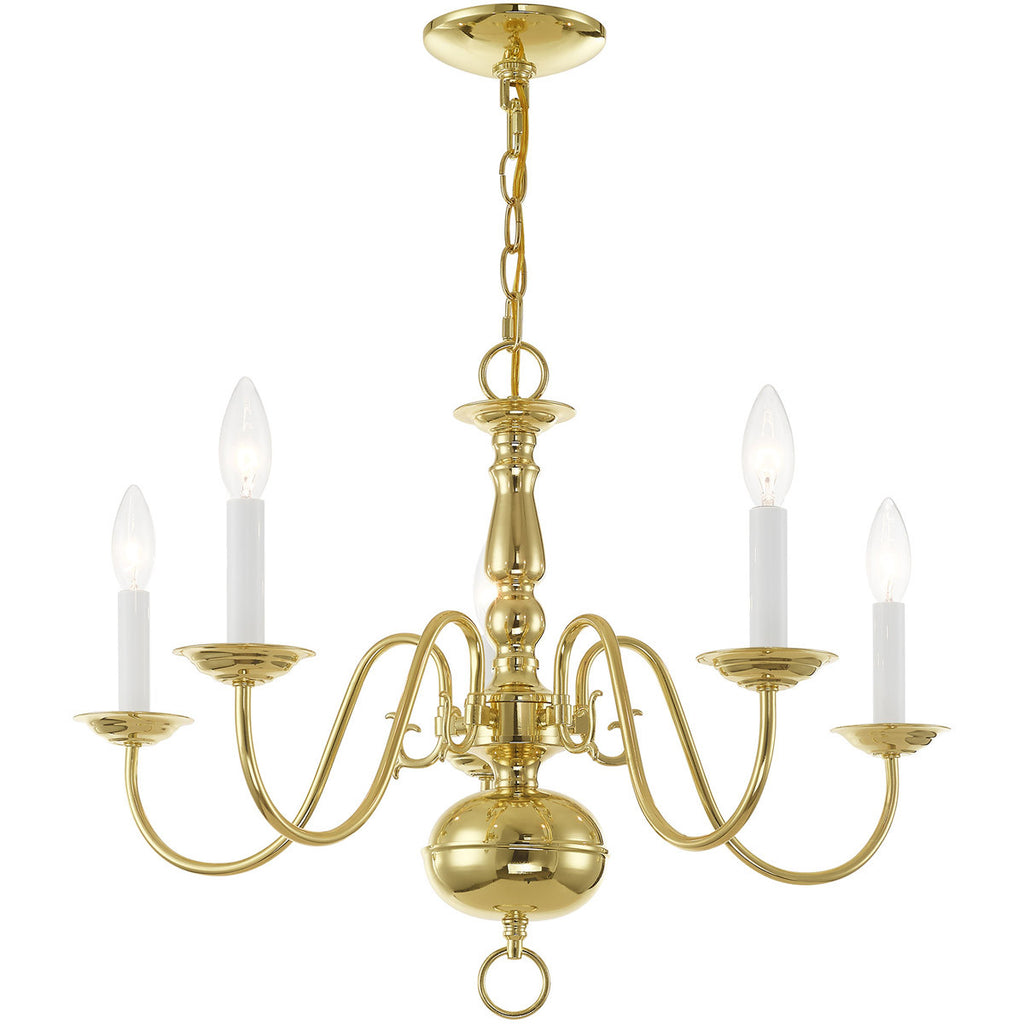 Colonial 5-Light Candle Chandelier, Polished Brass