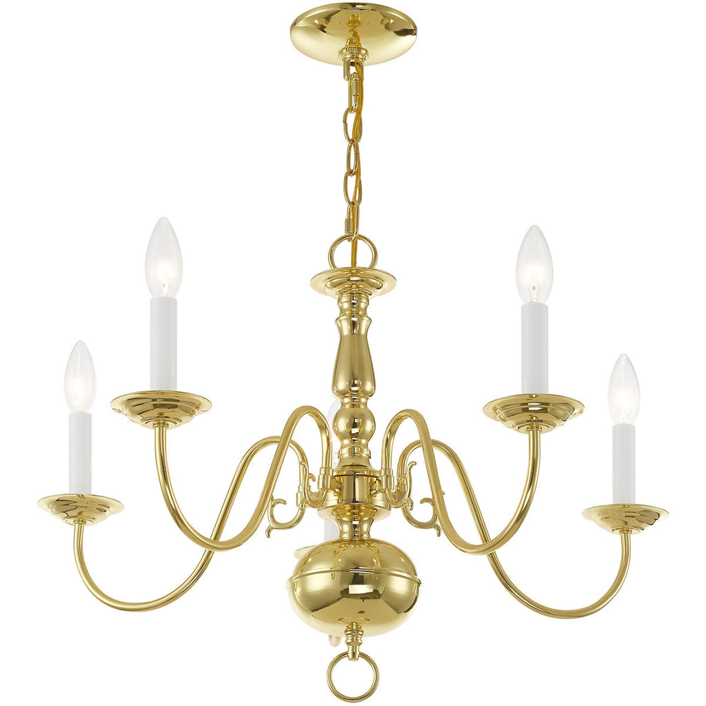 Colonial 5-Light Candle Chandelier, Polished Brass