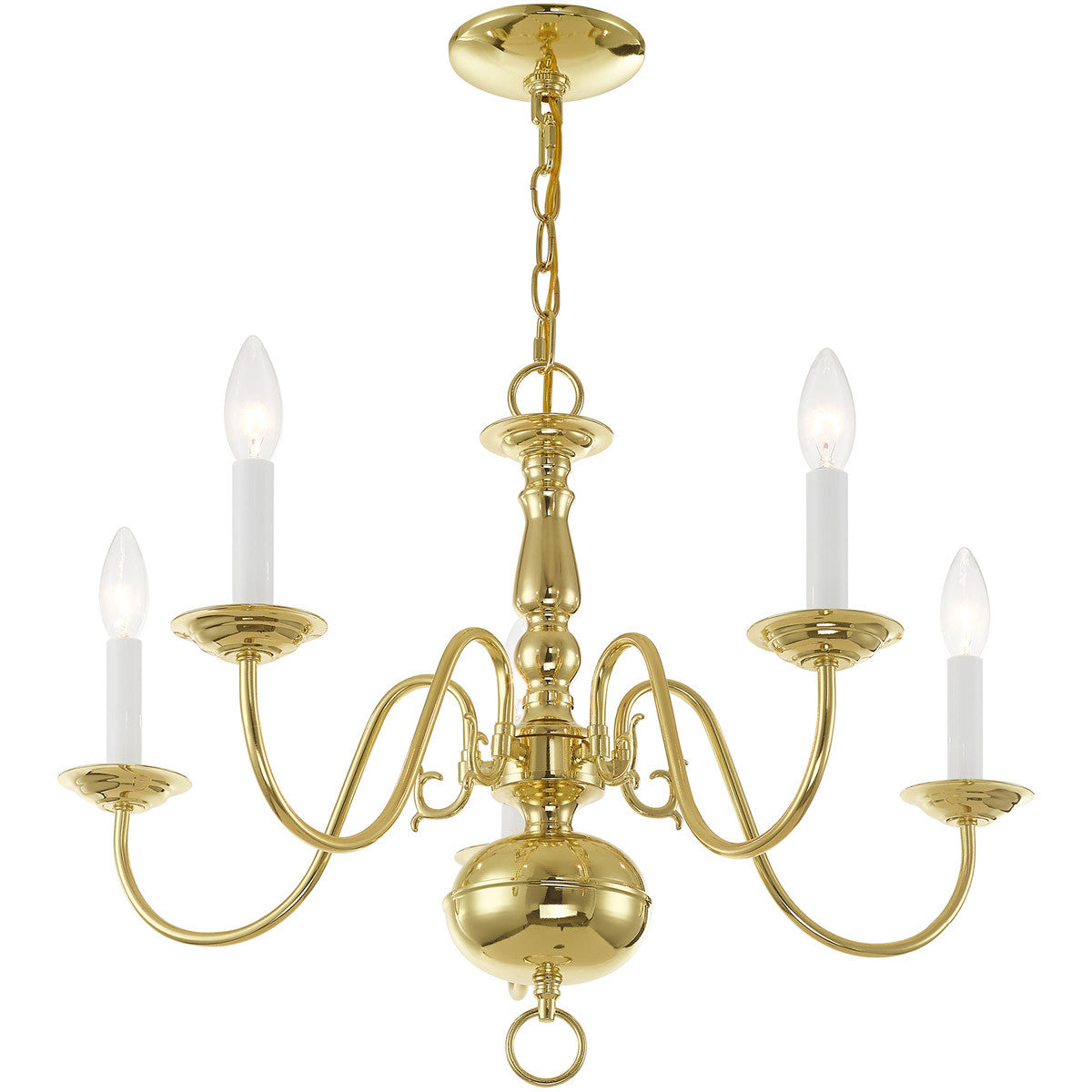 Colonial 5-Light Candle Chandelier, Polished Brass