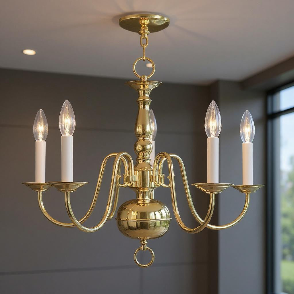 Colonial 5-Light Candle Chandelier, Polished Brass