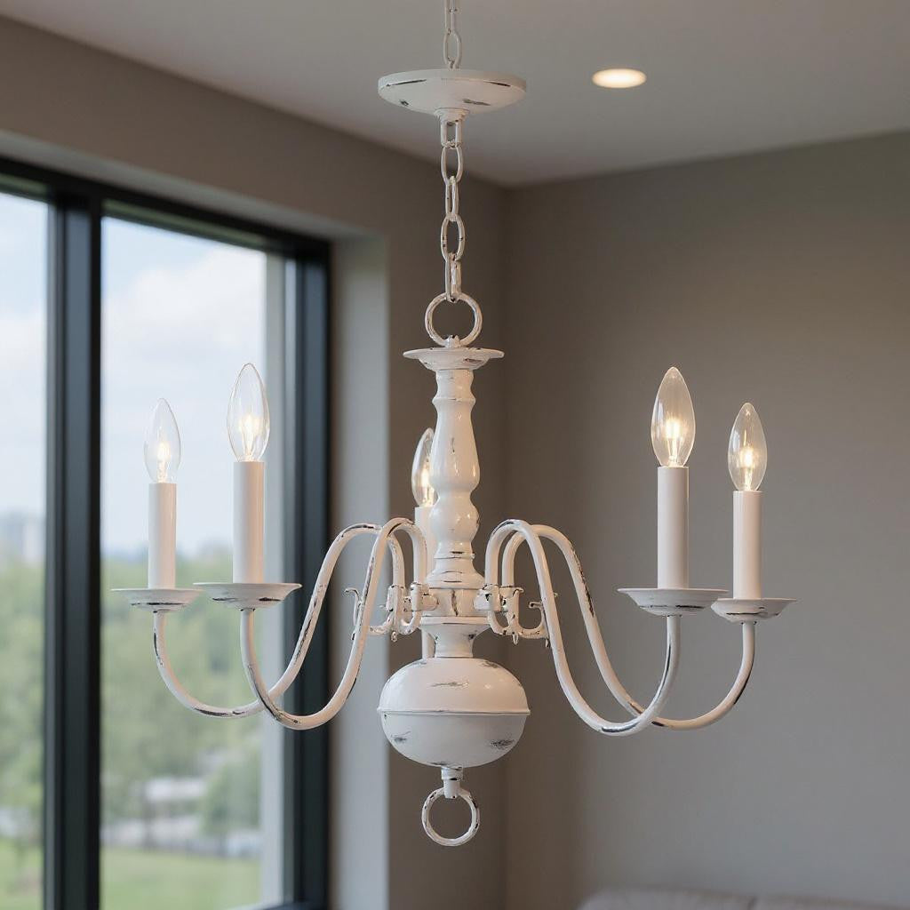 Colonial 5-Light Candle Chandelier, Antiqued White