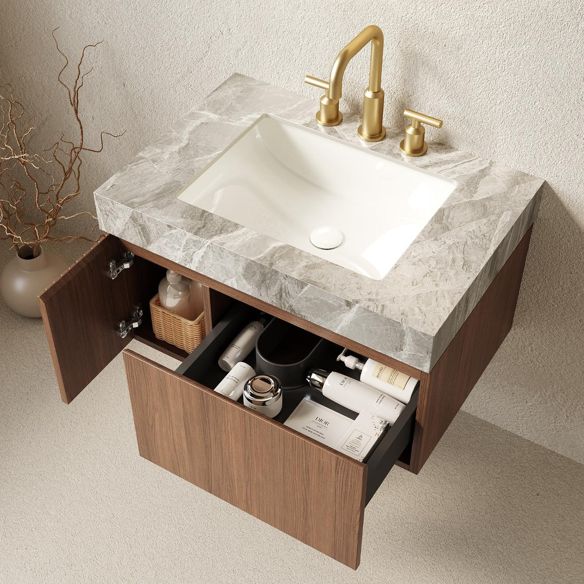 Ridge 30" Floating Vanity with Stone Top & Ceramic Sink