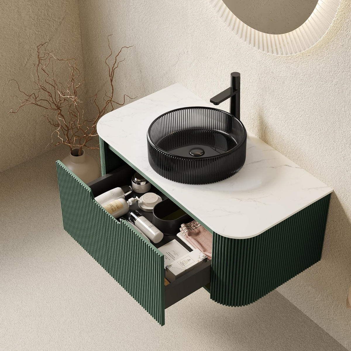 Sage 36" Floating Vanity with Black Glass Sink