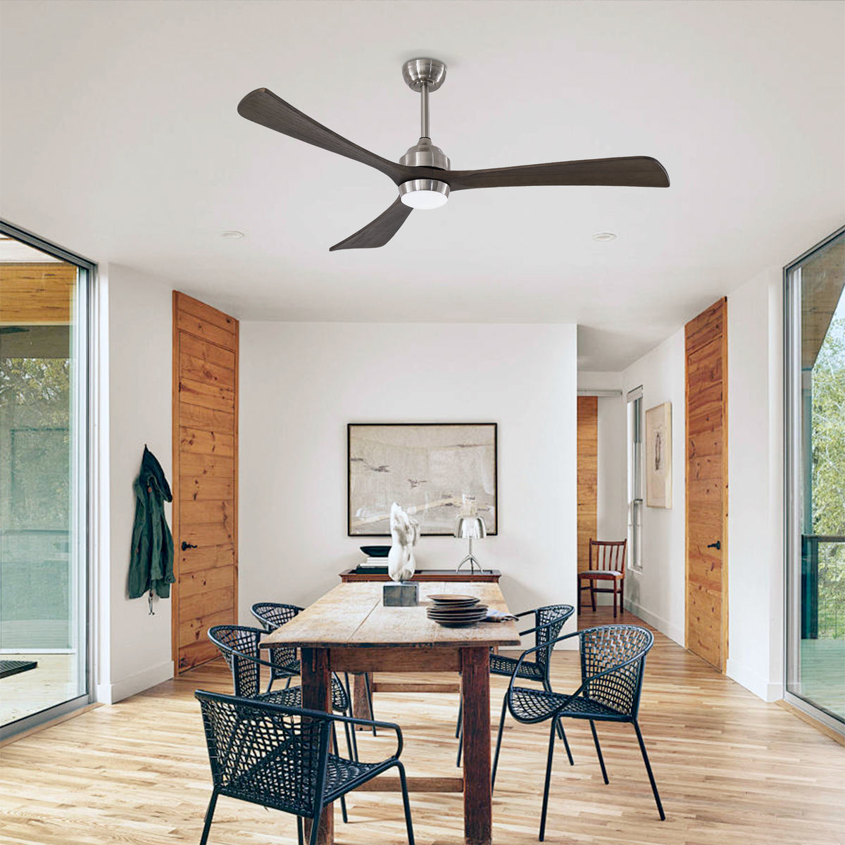 Sycamore 62 inch Three Blade Wood Ceiling Fan with Light, Satin Nickel