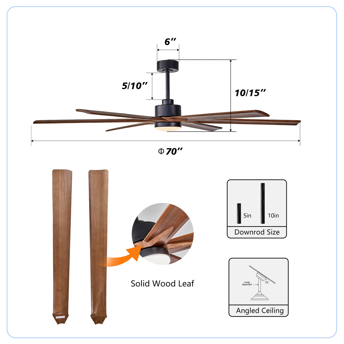 Sequoia 70 inch Wood Blade Ceiling Fan with Light, Black and Walnut