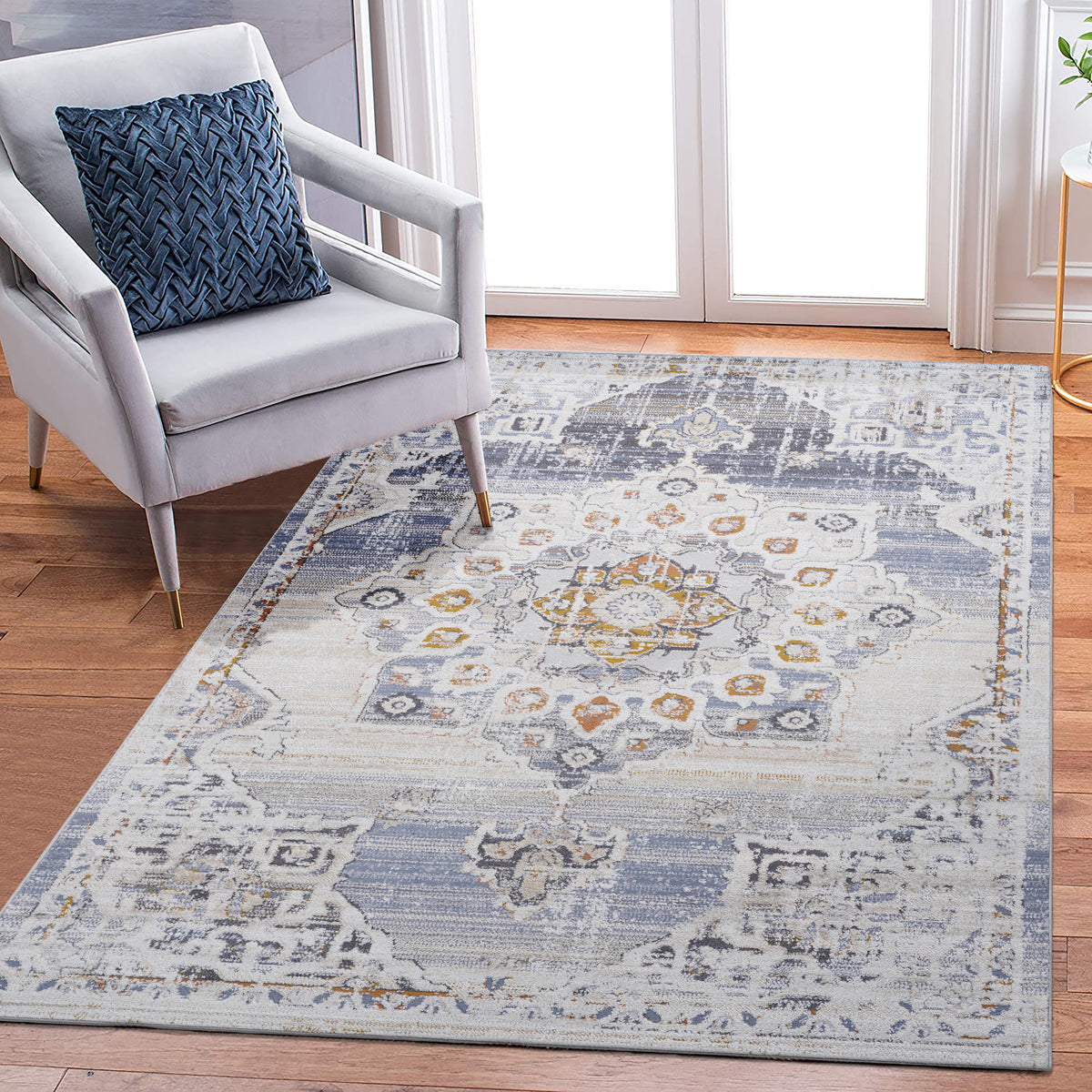 Anatolia Medallion Area Rug, Cream, Blue and Gold