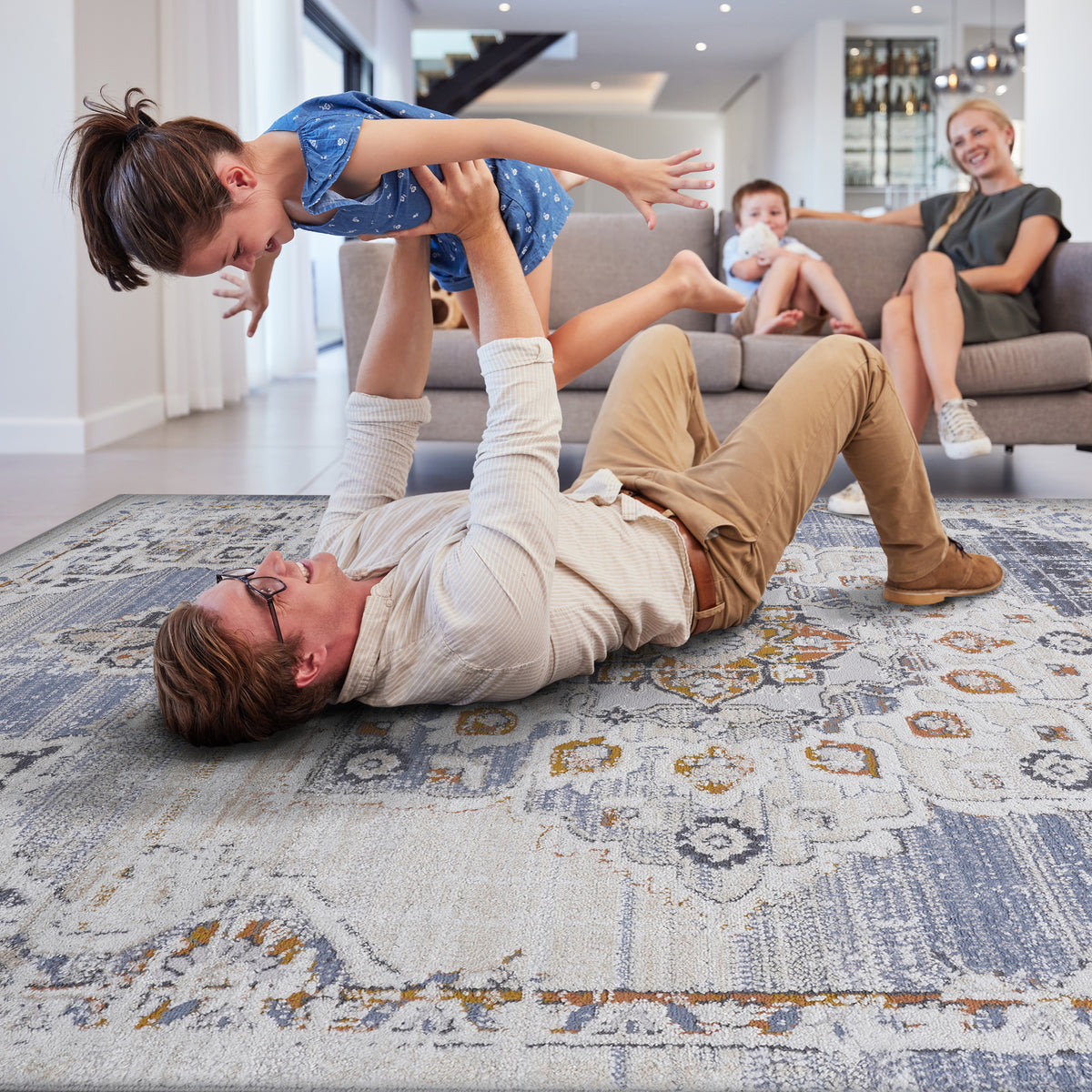 Anatolia Medallion Area Rug, Cream, Blue and Gold