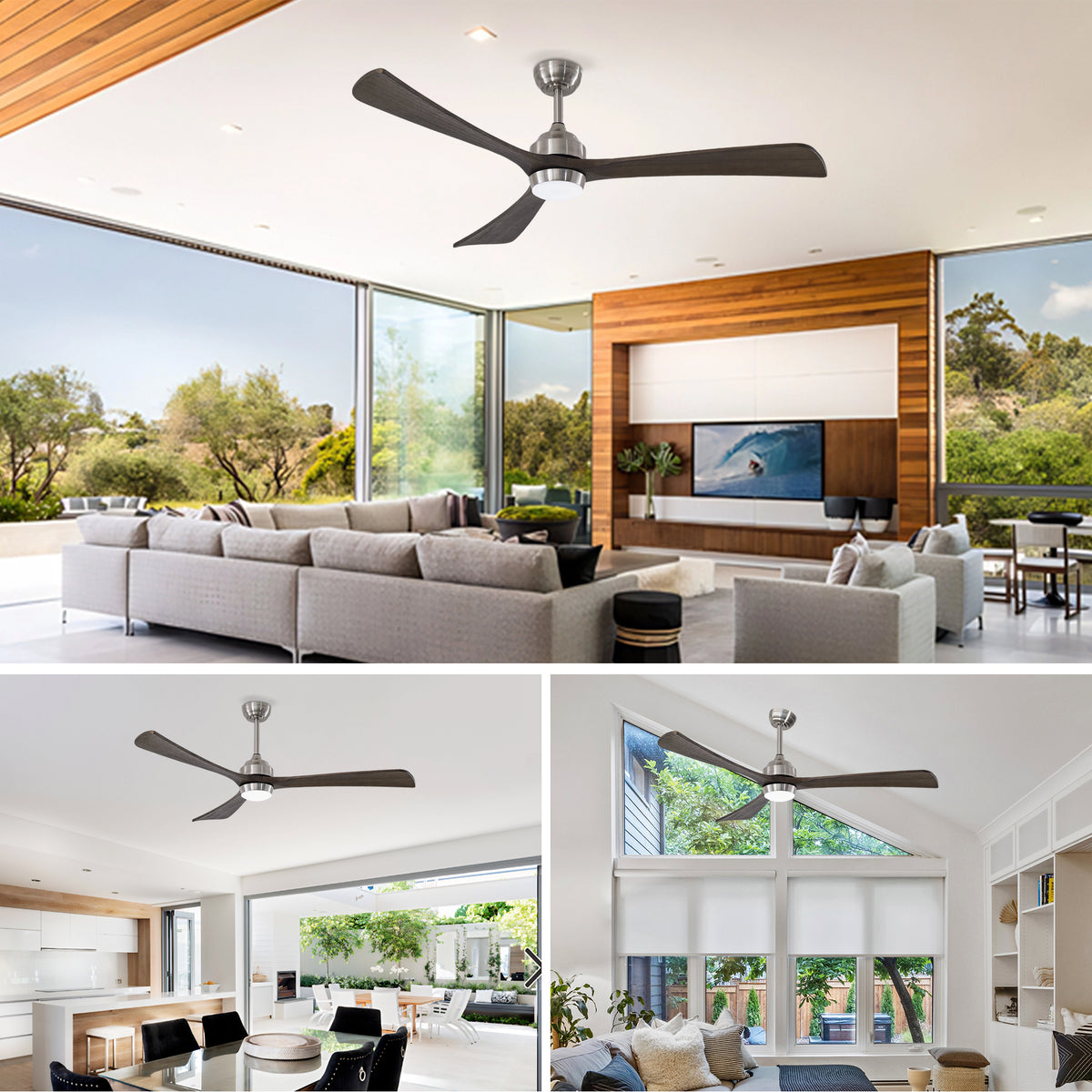 Sycamore 62 inch Three Blade Wood Ceiling Fan with Light, Satin Nickel