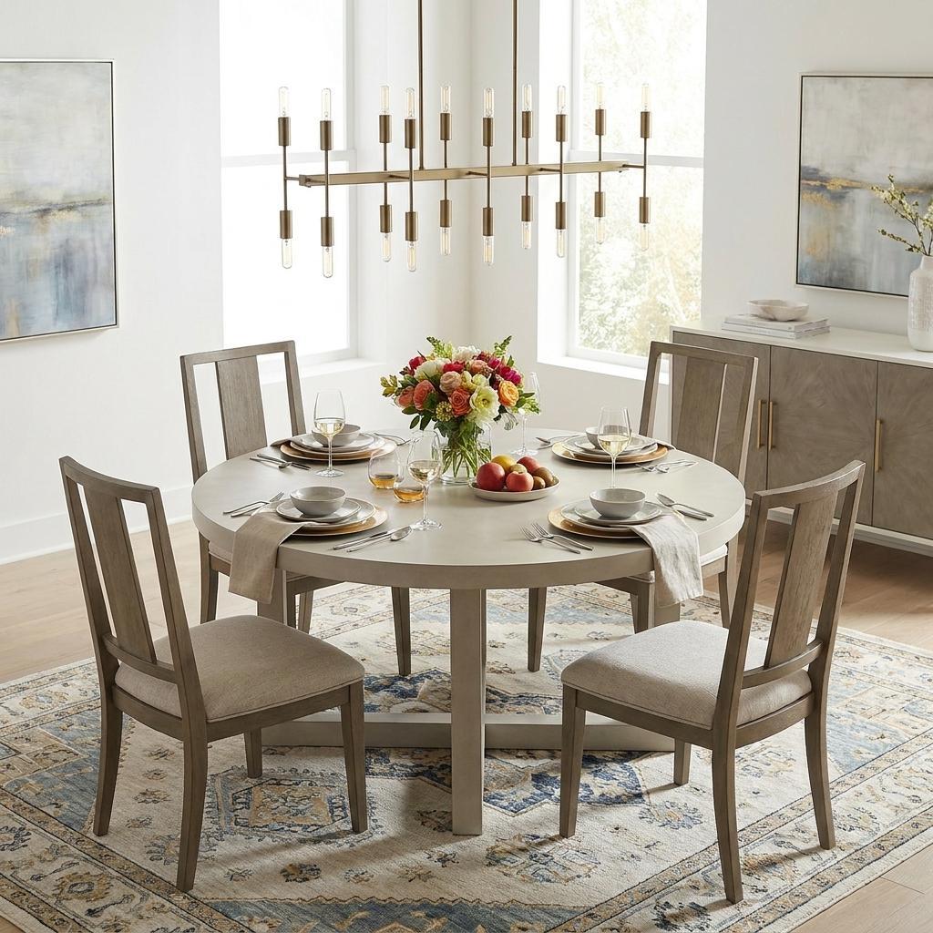 Dining room with aged brass linear chandelier